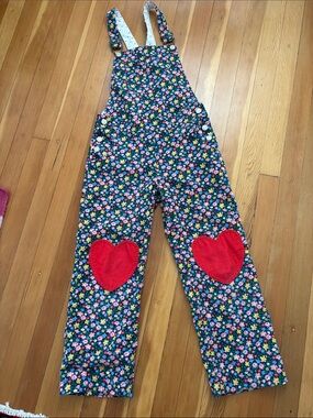 Mini Boden Navy Floral Overalls with Red Heart Knee Patches